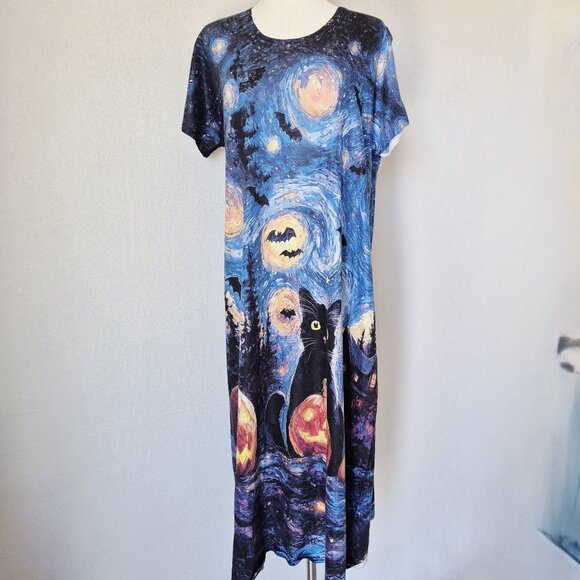Et' Lois Black Cat Jack-o' Lanterns Van Gogh Starry Night Maxi T-Shirt Dress - Picture 2 of 11
